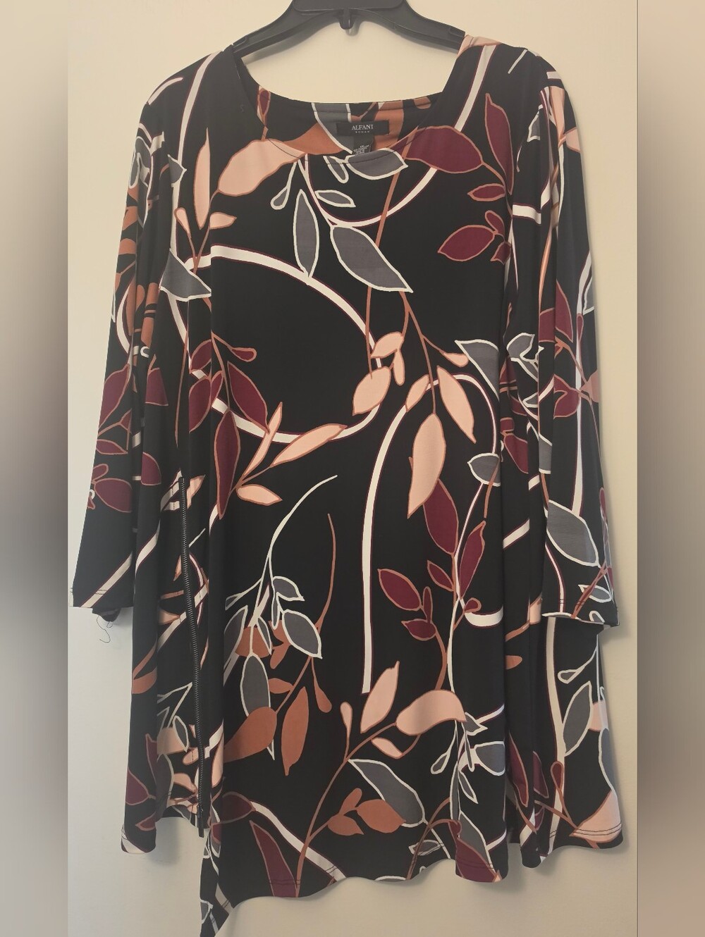 Alfani Black Long-Sleeve Top with Blush & Maroon Leaf Print